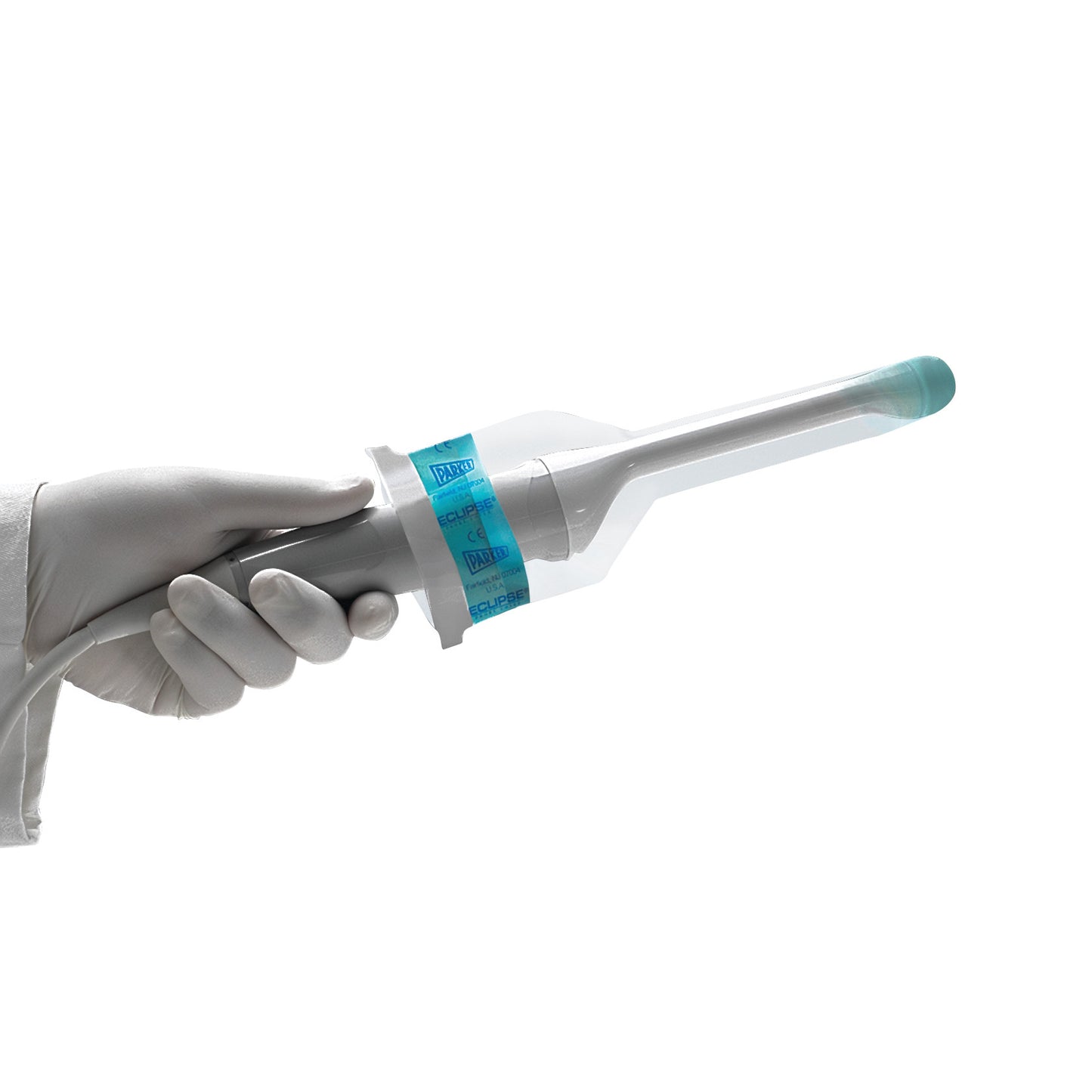 A gloved hand holds a Parker Eclipse Nonsterile Ultrasound Probe Cover over a probe. The cover is clear with blue labeling.