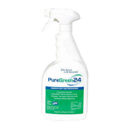 White spray bottle labeled "PureGreen24 Disinfectant and Deodorizer Spray," claims to kill germs in 30 seconds, odorless formula.