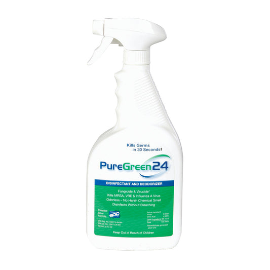 White spray bottle labeled "PureGreen24 Disinfectant and Deodorizer Spray," claims to kill germs in 30 seconds, odorless formula.