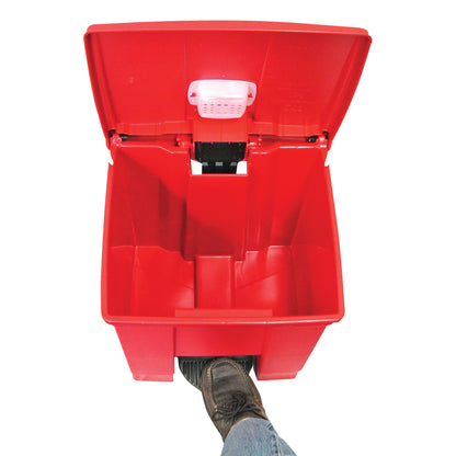 A red MRI-Safe 8-Gallon Waste Can with an open lid, activated by a foot pedal, is shown. A foot is pressing the pedal.