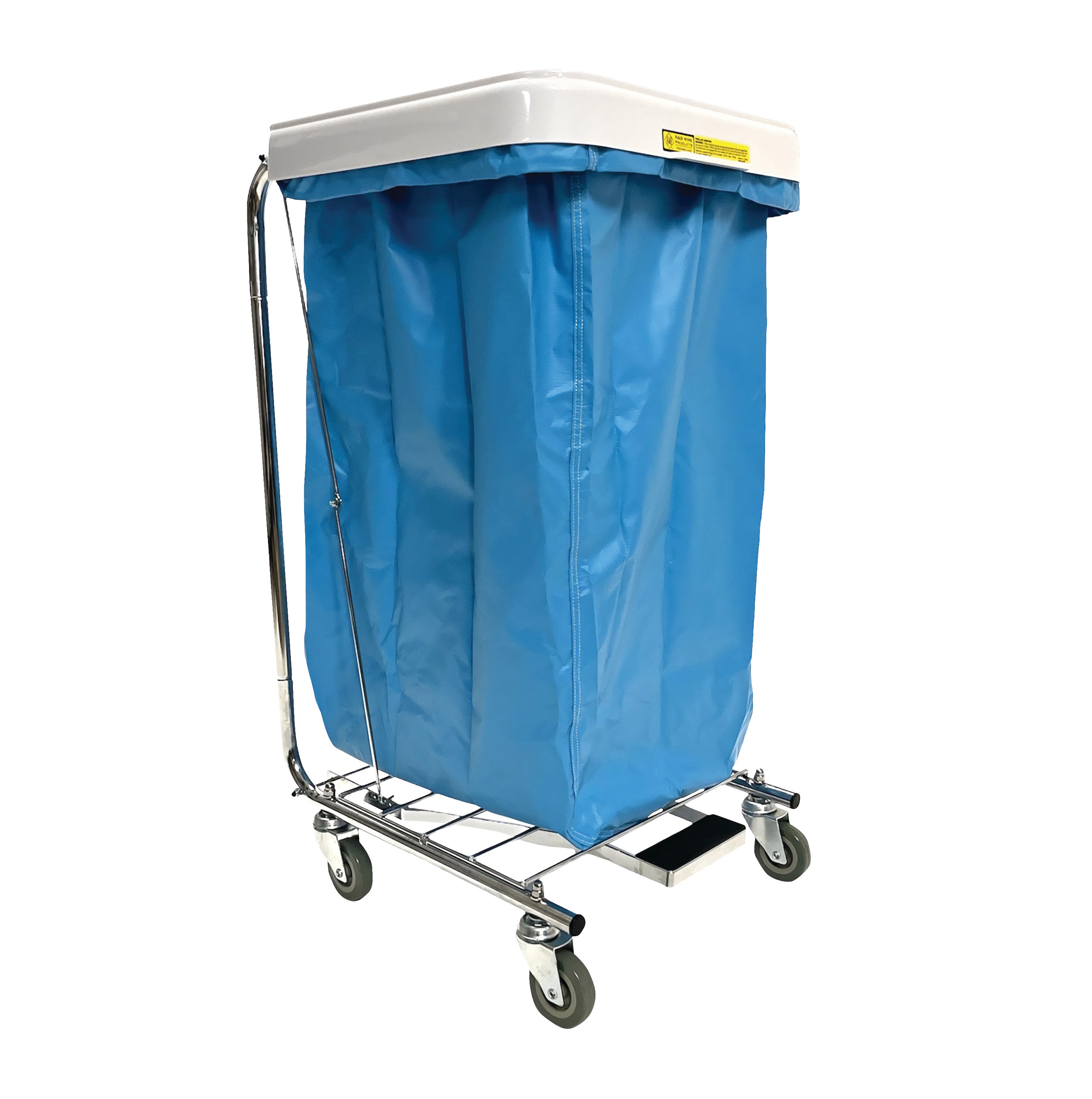 A Reusable Antimicrobial Hamper Bag in blue is attached to a chrome-plated frame with wheels for easy mobility.