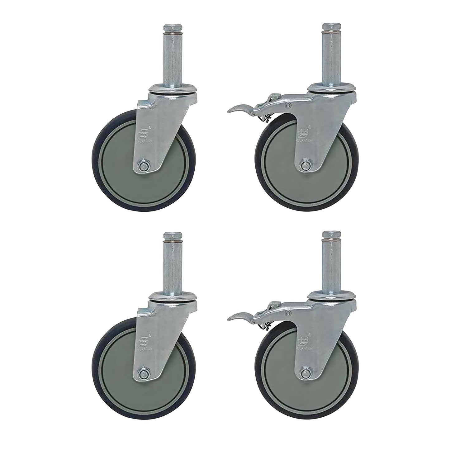 Mobile Caster Set for Quantum Shelves includes four gray wheels, two with brakes, featuring metal attachments and rubber rims.