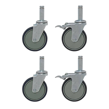 Mobile Caster Set for Quantum Shelves includes four gray wheels, two with brakes, featuring metal attachments and rubber rims.