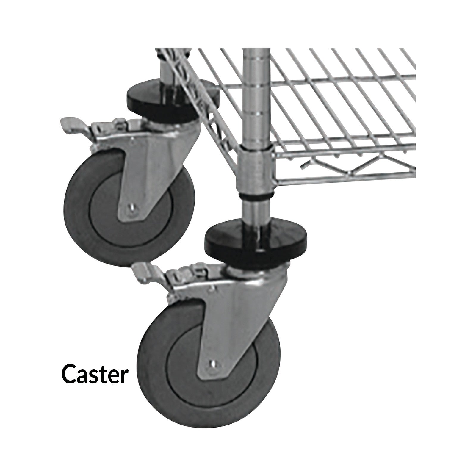 Two black and grey casters with metal mounts on a shelf. Text reads "Caster." Product: Mobile Caster Set for Quantum Shelves.