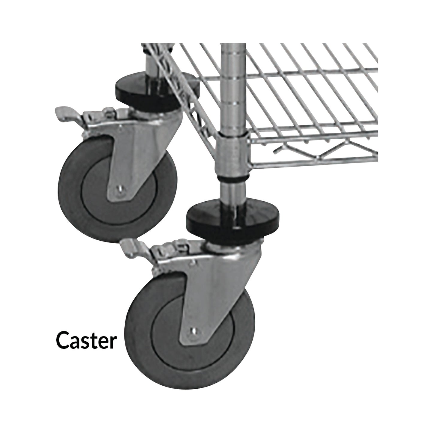Two black and grey casters with metal mounts on a shelf. Text reads "Caster." Product: Mobile Caster Set for Quantum Shelves.
