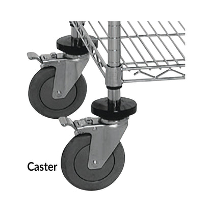 Two black and grey casters with metal mounts on a shelf. Text reads "Caster." Product: Mobile Caster Set for Quantum Shelves.