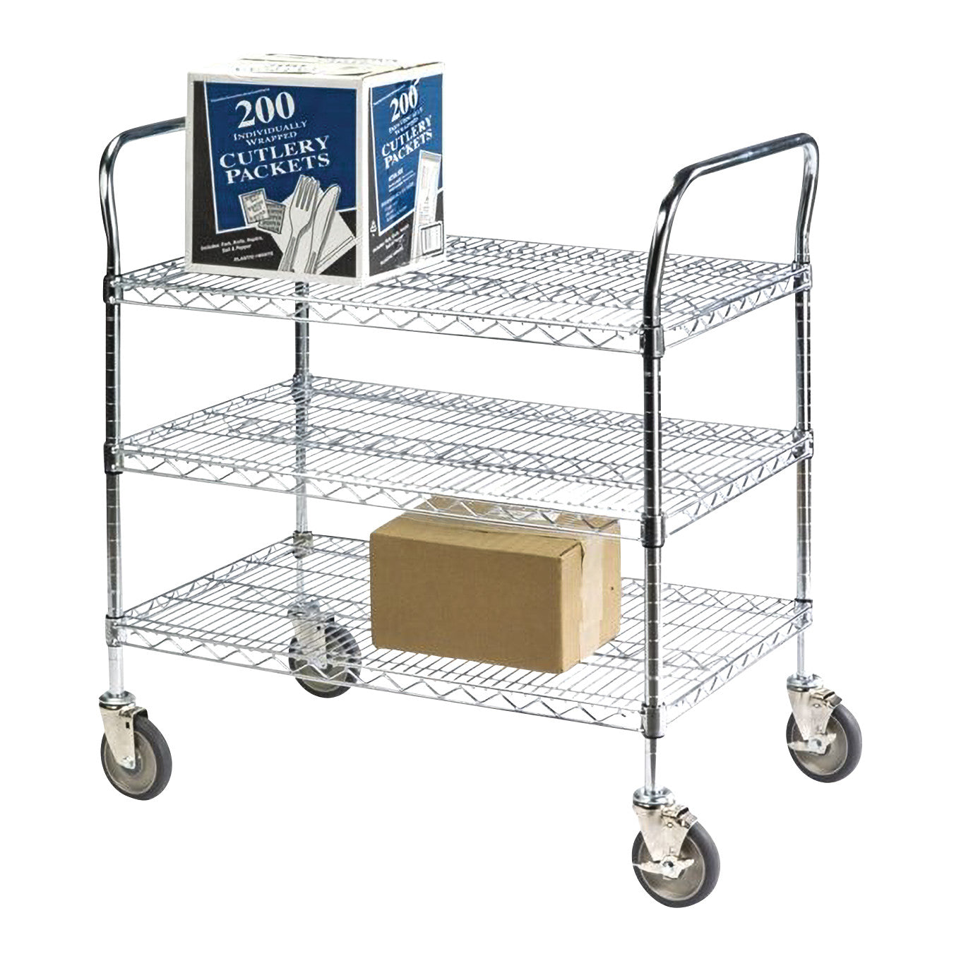 Lakeside Heavy Duty Chrome Wire Shelf Utility Cart with three tiers, holds two boxes, and features swivel wheels.