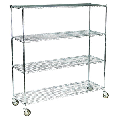 A Lakeside Wire Cart with four metal wire shelves and casters for mobility, designed for storage and transport.