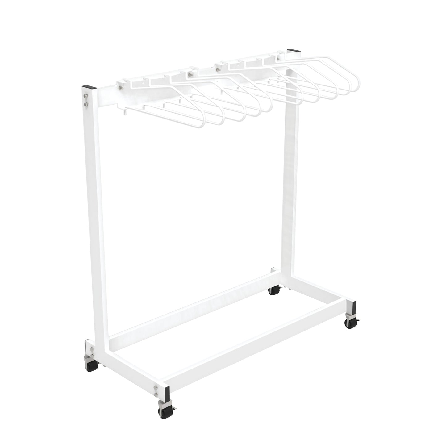 The Garment Style Mobile 10-Arm Apron Rack is a white metal rack on wheels, featuring ten arms for hanging items.