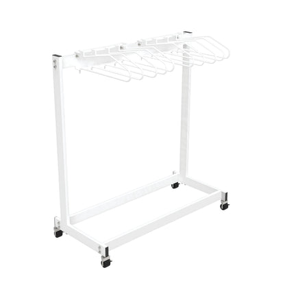 The Garment Style Mobile 10-Arm Apron Rack is a white metal rack on wheels, featuring ten arms for hanging items.
