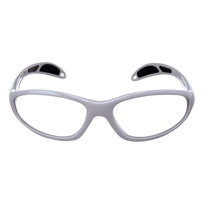 White Ultralite Wraparound Radiation Protection Glasses for Petite Faces with black interior and a sleek, curved design.