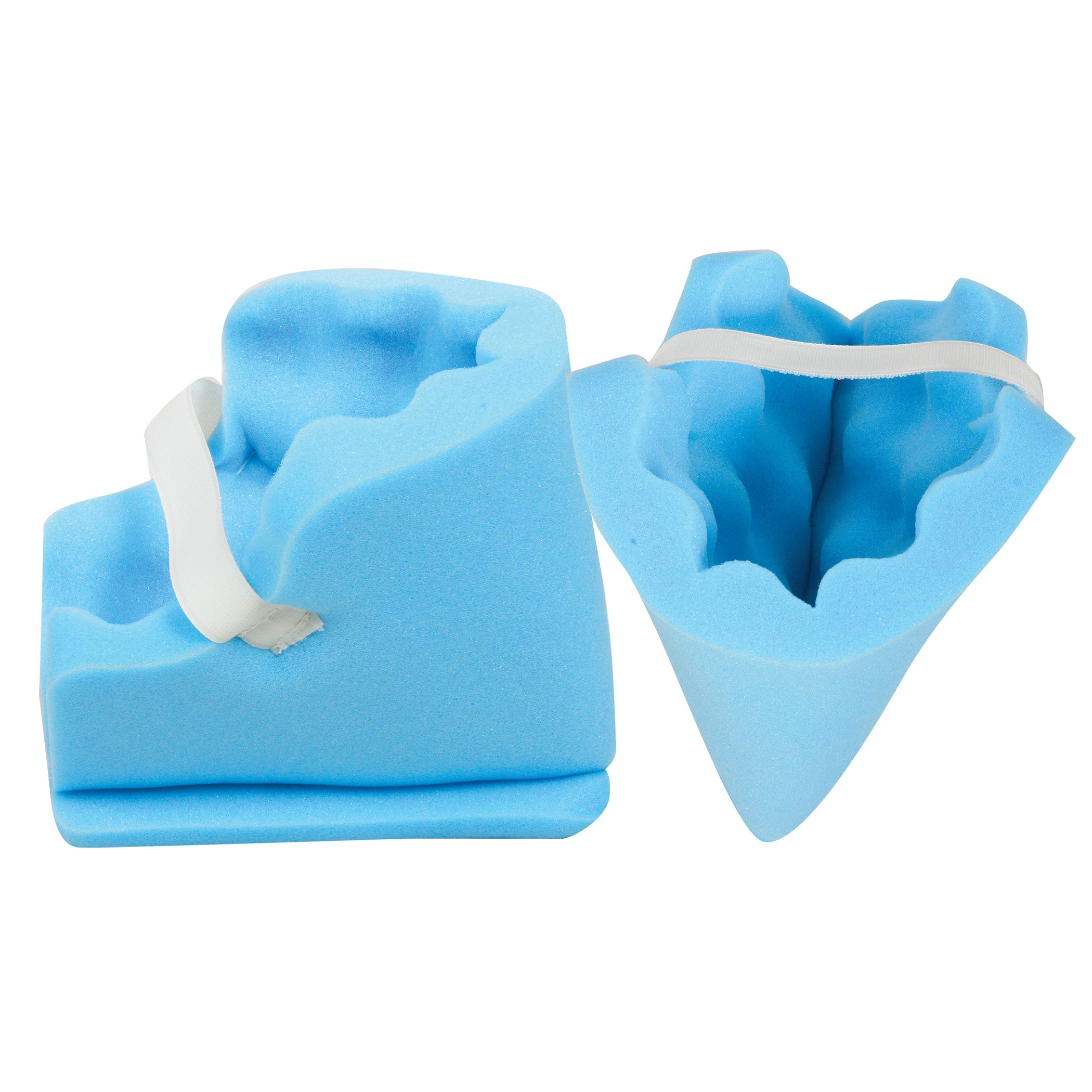 Blue AliMed Disposable Foam Heel Pads with contoured interiors and white straps for securing to the foot.