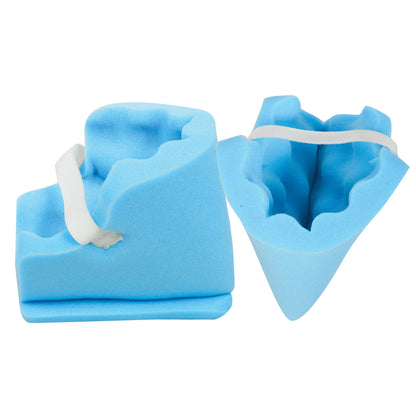 Blue AliMed Disposable Foam Heel Pads with contoured interiors and white straps for securing to the foot.