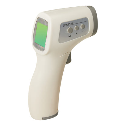 A white IR Thermometer with a gray display screen and three buttons labeled "Set," "+," and "-", model GP-300.