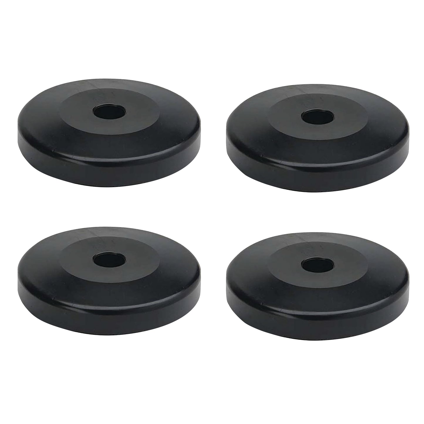 A set of four black, round plastic donut bumpers with a central hole, designed for Quantum Shelves.
