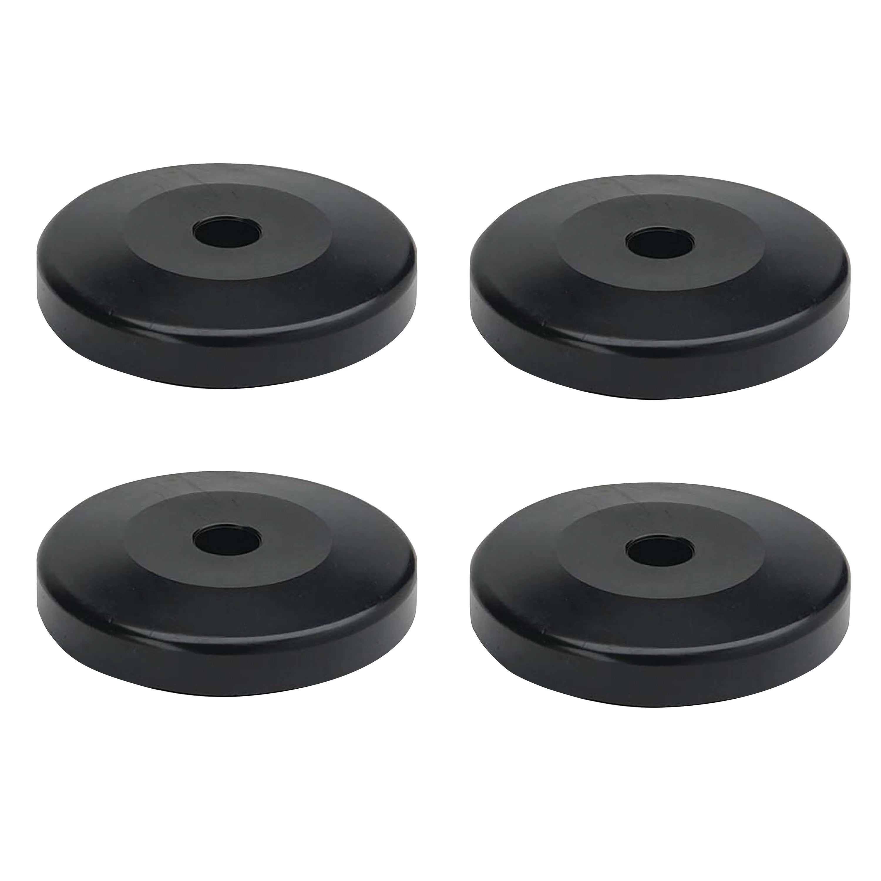 A set of four black, round plastic donut bumpers with a central hole, designed for Quantum Shelves.