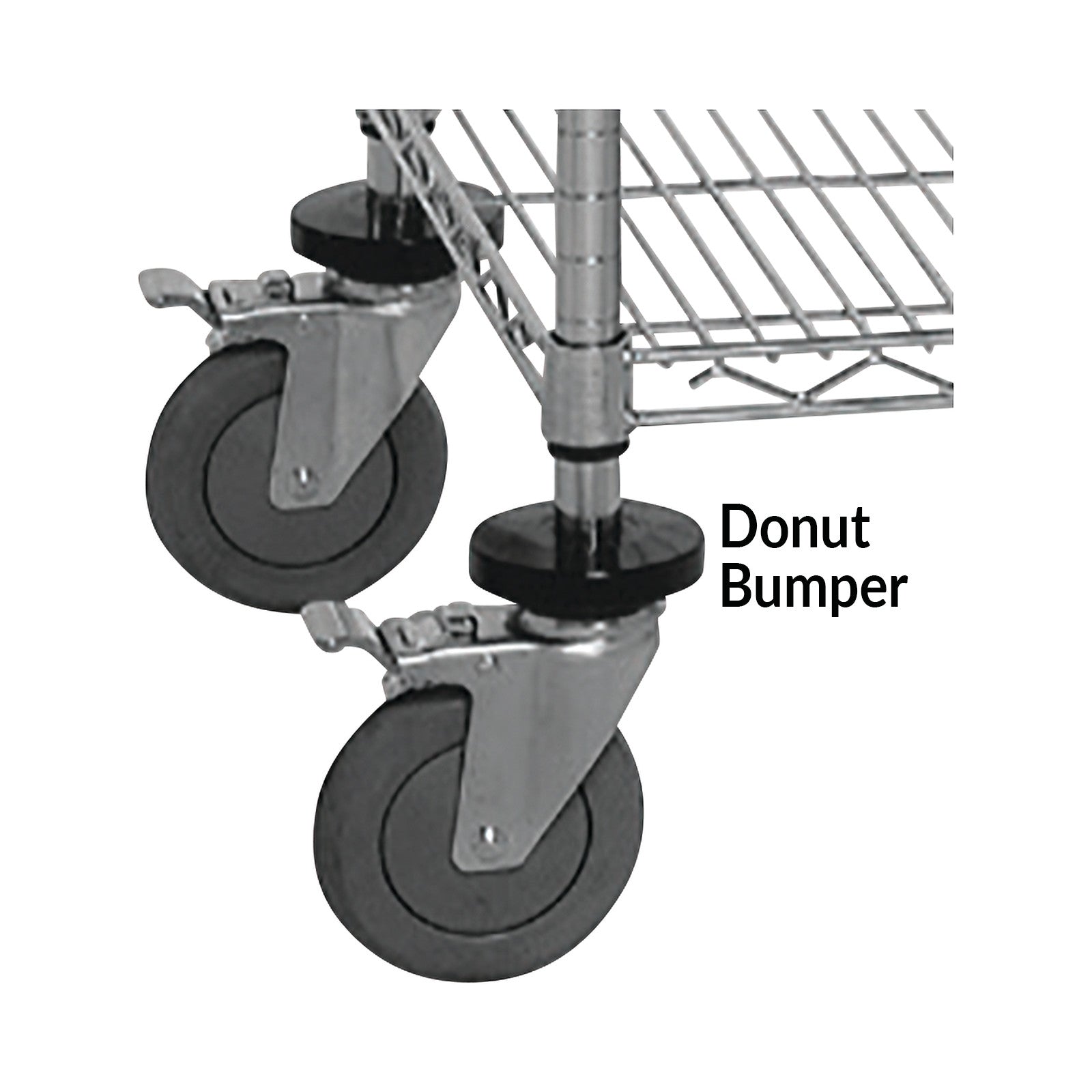 Close-up of a metal shelf with wheels and a black donut bumper. Text reads "Donut Bumper Set for Quantum Shelves."