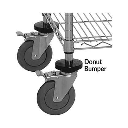 Close-up of a metal shelf with wheels and a black donut bumper. Text reads "Donut Bumper Set for Quantum Shelves."