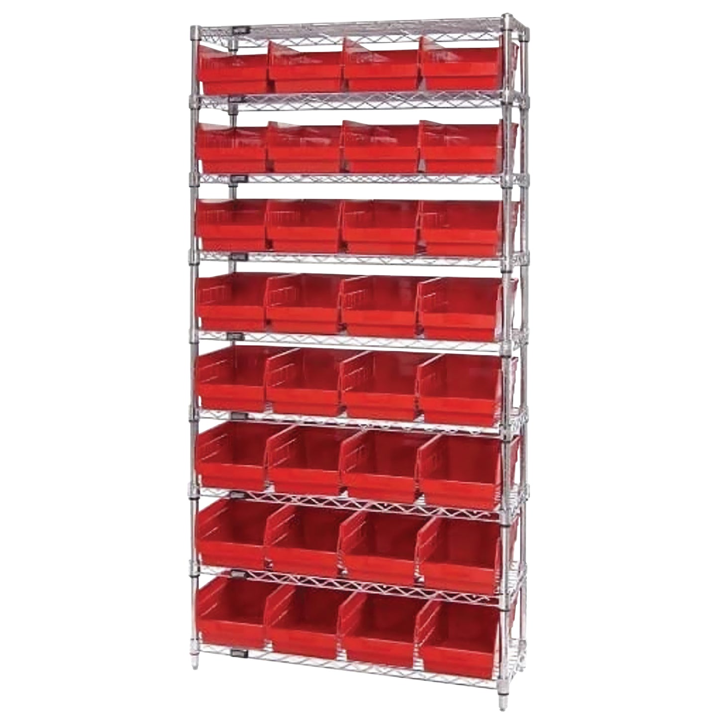 The Quantum Chrome Wire 9-Shelf Bin System features multiple red bins organized on a sturdy chrome wire frame.
