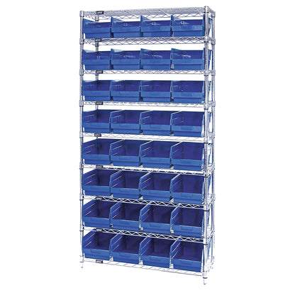 A Quantum Chrome Wire 9-Shelf Bin System with blue storage bins on each shelf, designed for organizing items efficiently.