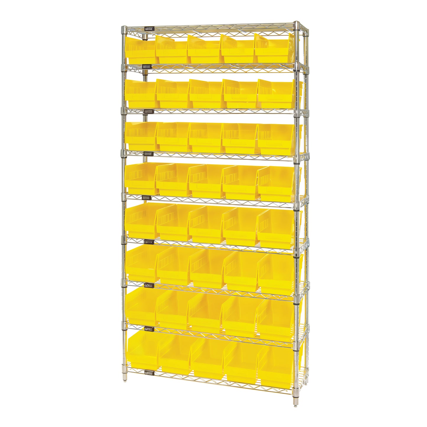 The Quantum Chrome Wire 9-Shelf Bin System features a metal rack with 54 yellow plastic bins arranged in rows across nine shelves.