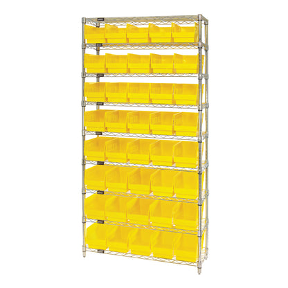 The Quantum Chrome Wire 9-Shelf Bin System features a metal rack with 54 yellow plastic bins arranged in rows across nine shelves.