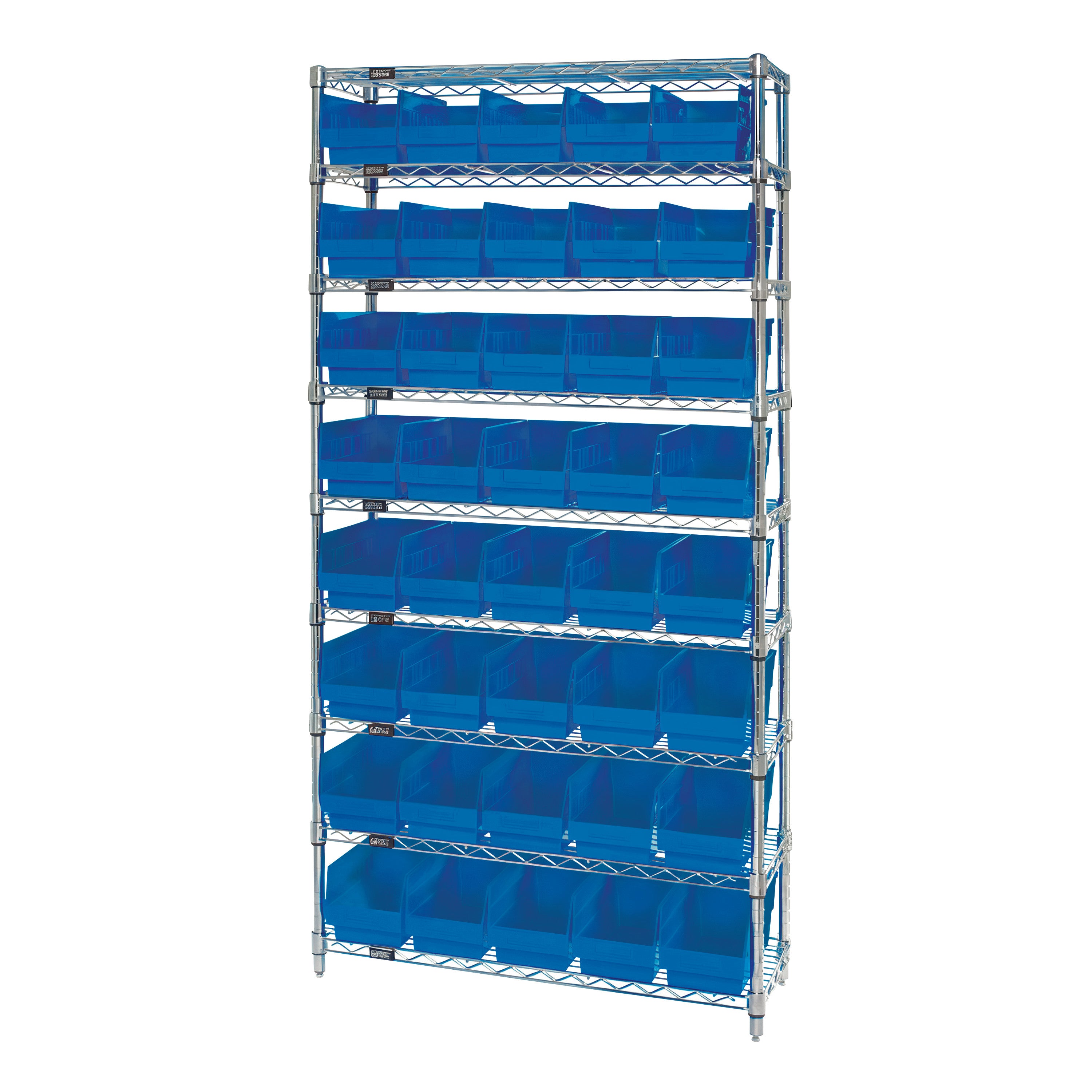 Quantum Chrome Wire 9-Shelf Bin System with blue plastic bins on each shelf, designed for organized storage solutions.