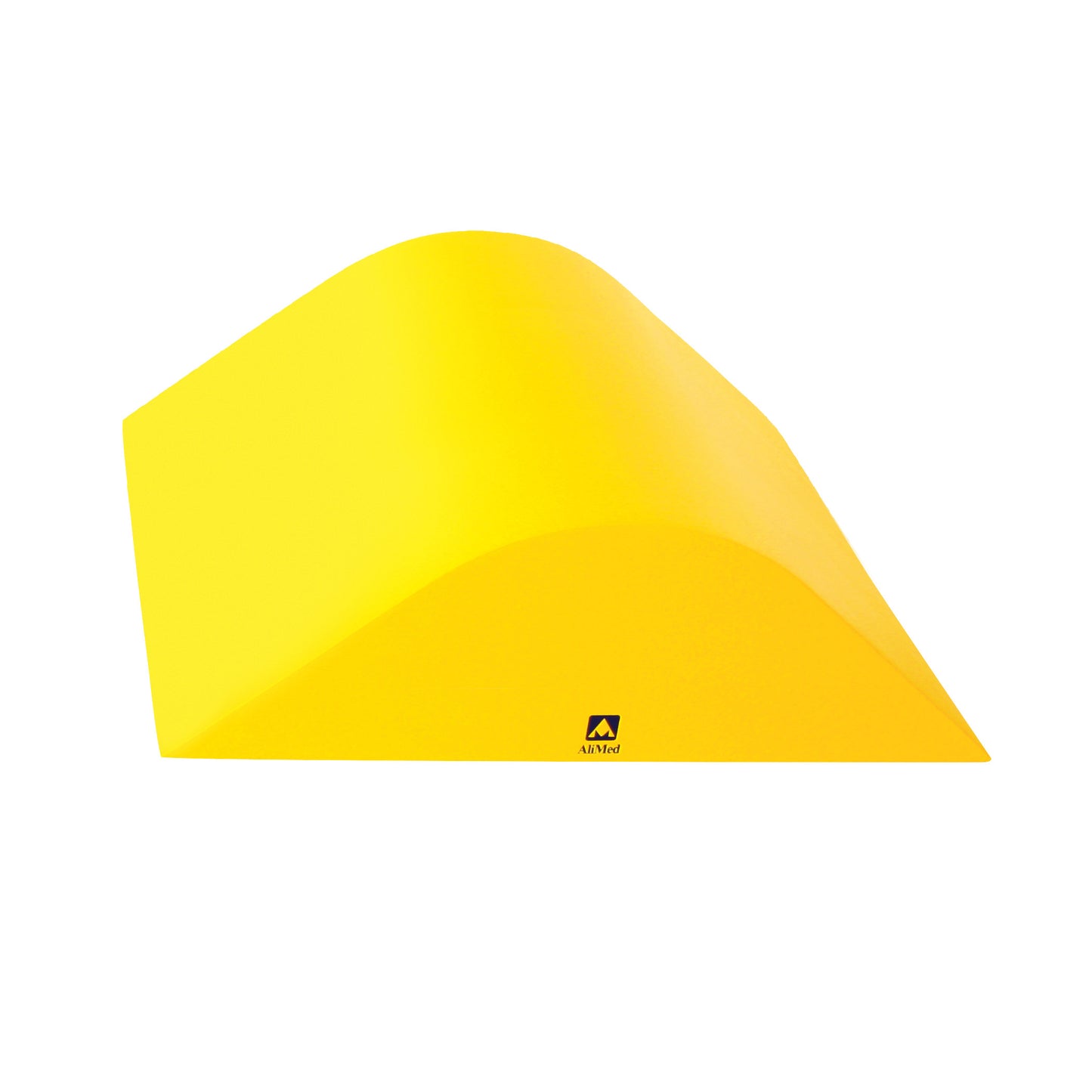 A yellow AliMed Protecta-Coat Deluxe Knee Bolster with a curved shape and a logo on the side against a white background.