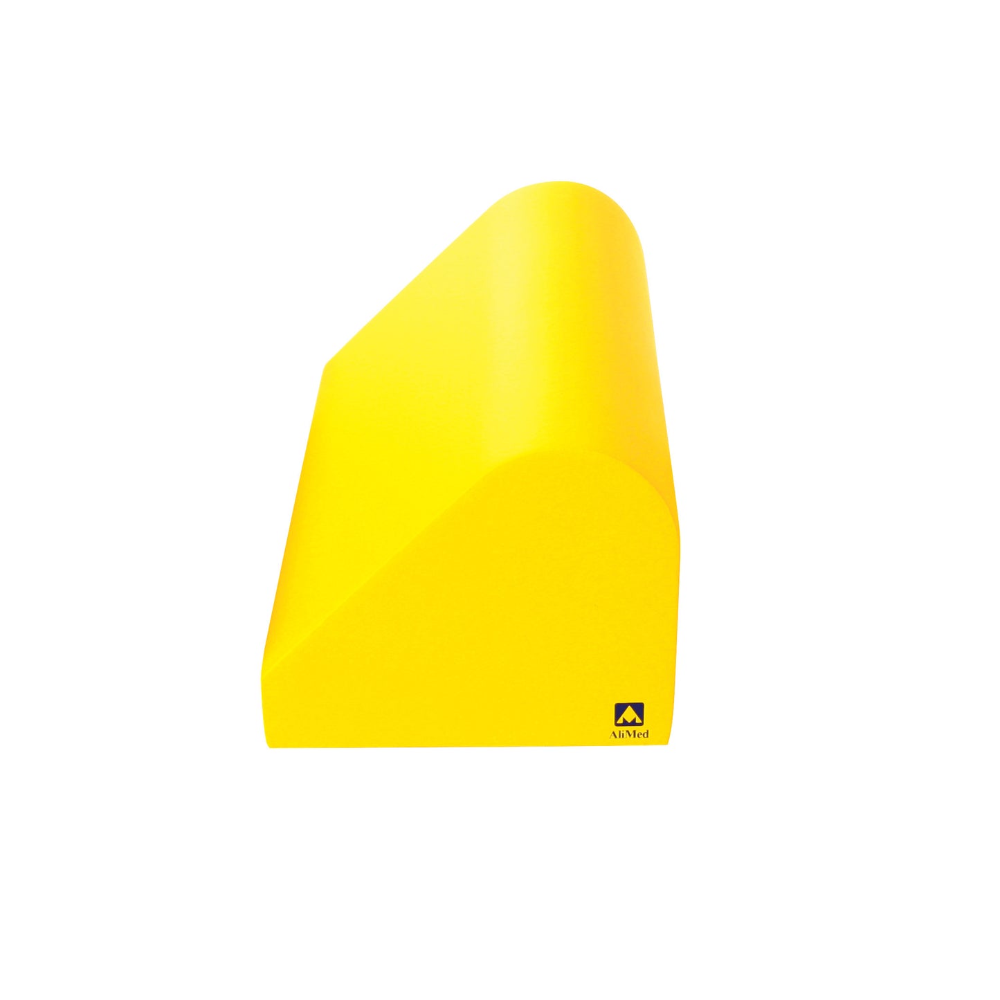 Bright yellow, wedge-shaped AliMed Protecta-Coat Standard Knee Bolster with a rounded edge, on a white background.