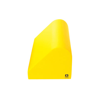 Bright yellow, wedge-shaped AliMed Protecta-Coat Standard Knee Bolster with a rounded edge, on a white background.