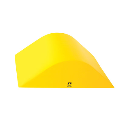 Yellow AliMed Protecta-Coat Deluxe Knee Bolster with a curved, wedge shape. Designed for support, featuring a small logo.