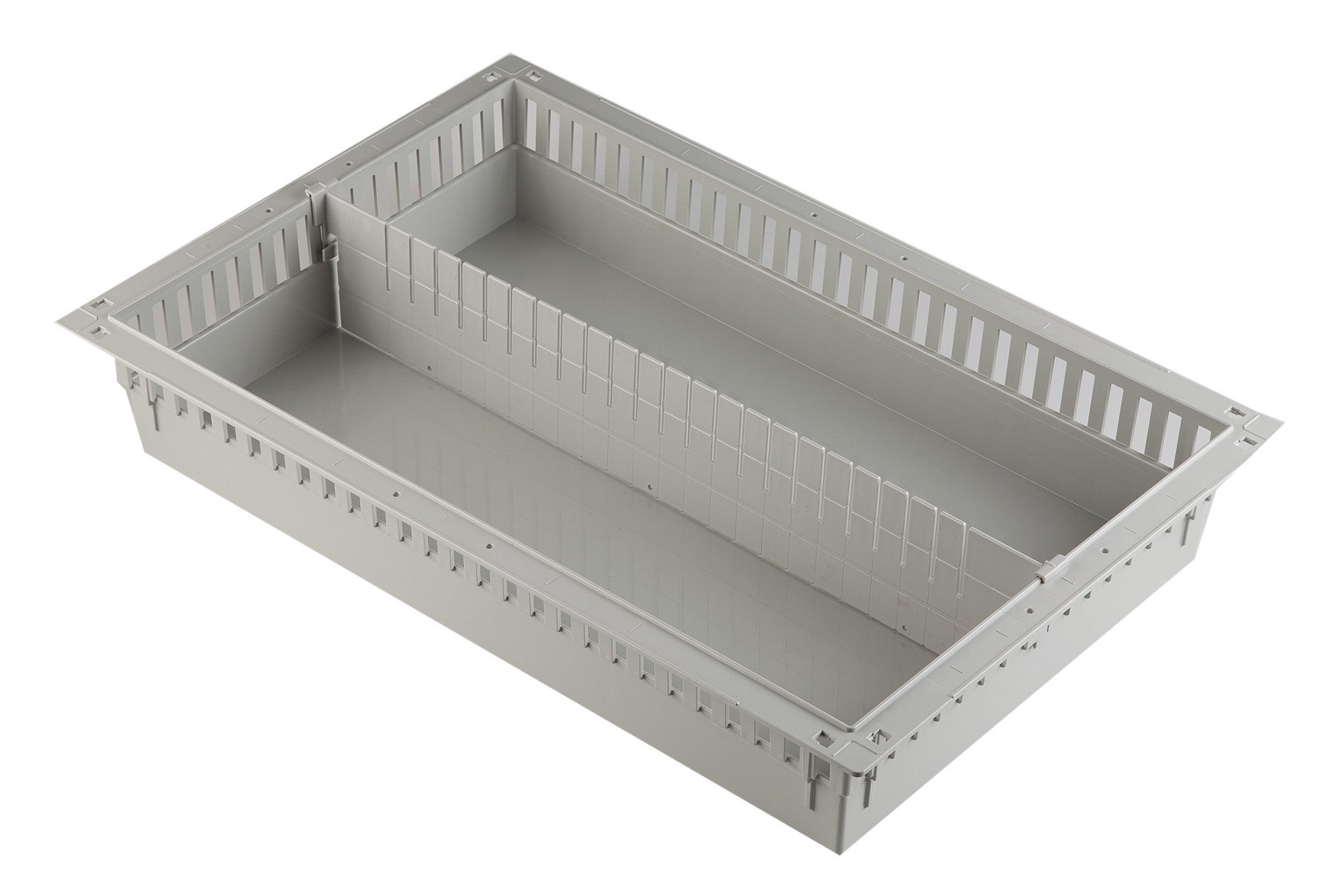The Harloff MedStorMax Modular Exchange Tray is a rectangular, gray tray with a perforated design and internal dividers.