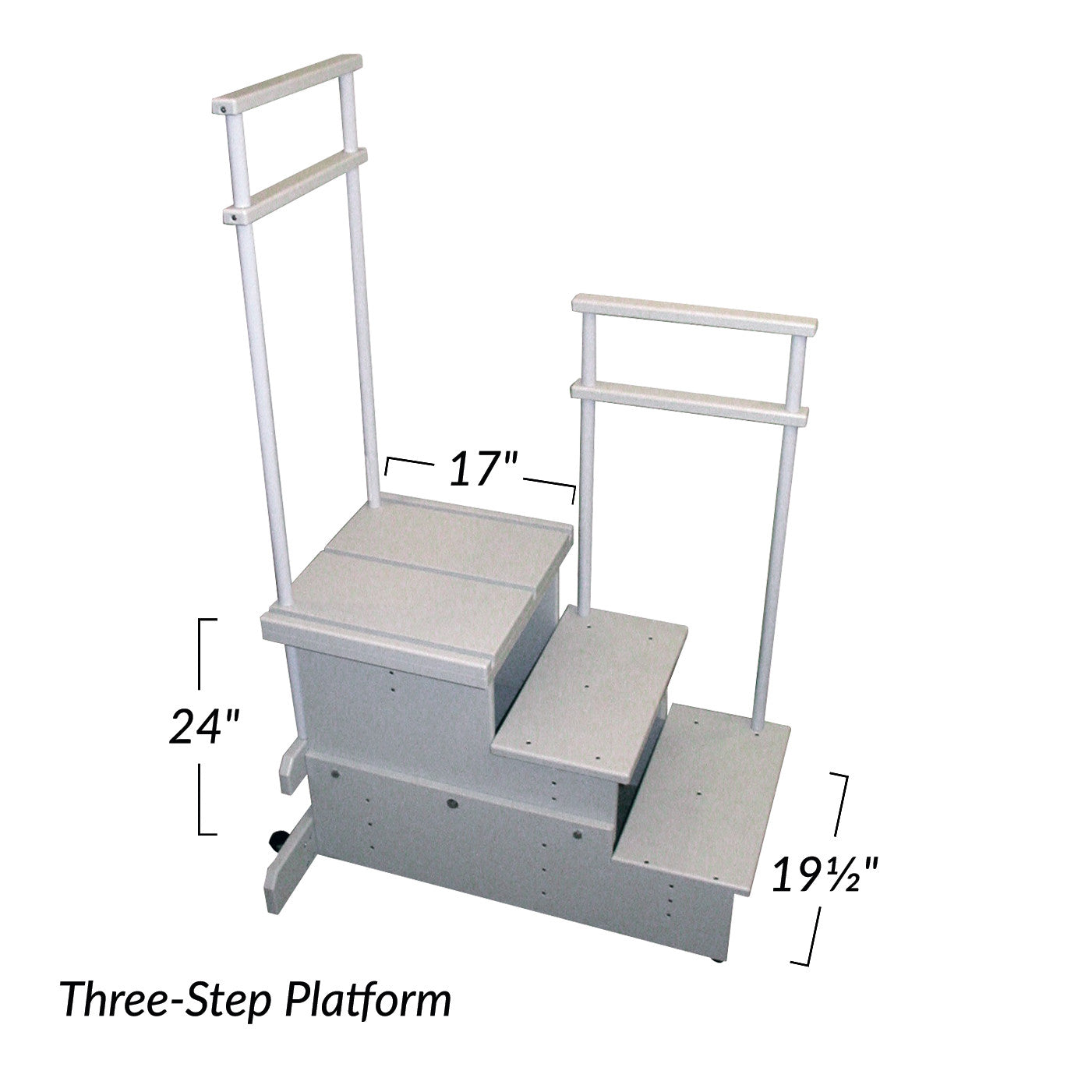 Three-Step Positioning Platform with Side Rail for CR and DR Systems, featuring three steps with handrails and dimensions shown.