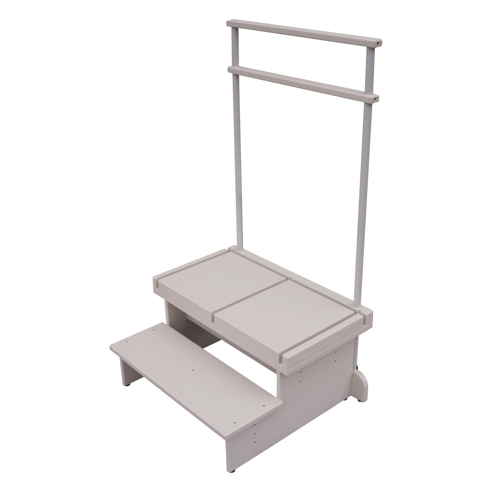 Two-step positioning platform with handrails for CR and DR systems by Canon, Carestream, Fuji, Konica Minolta, AGFA, Philips, Samsung, GE.