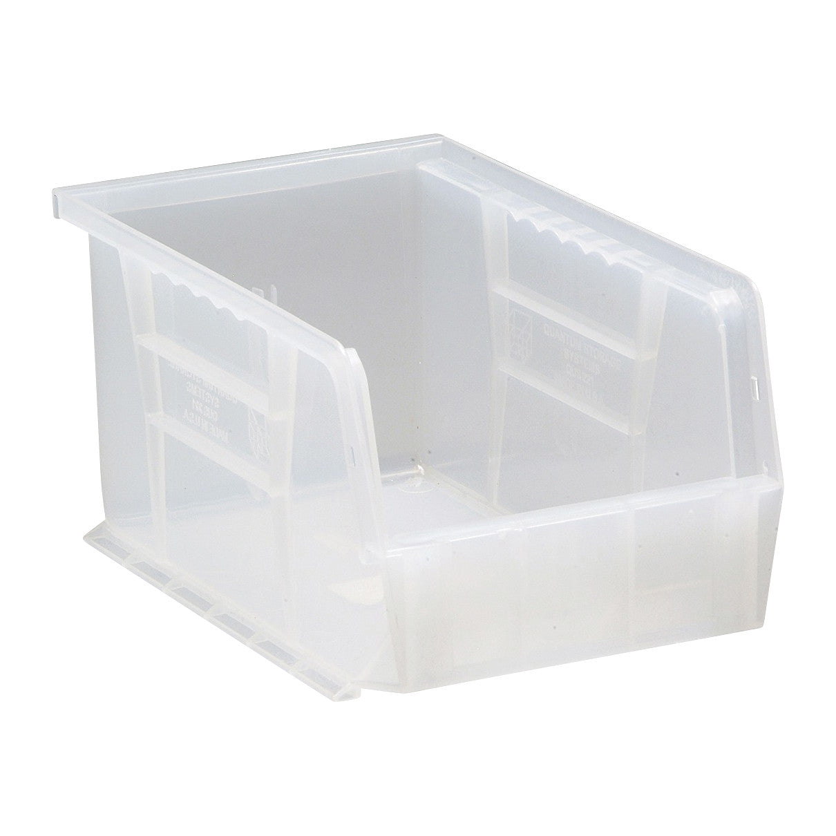 A clear Quantum Ultra Stack and Hang Bin with an open front and reinforced sides for storage and easy access to contents.