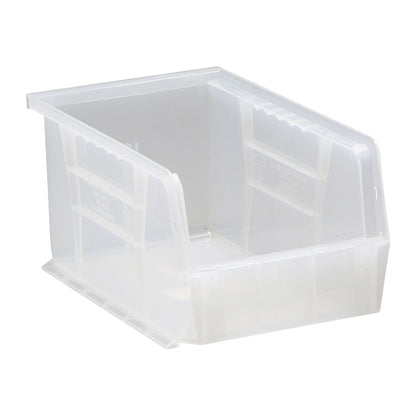 A clear Quantum Ultra Stack and Hang Bin with an open front and reinforced sides for storage and easy access to contents.