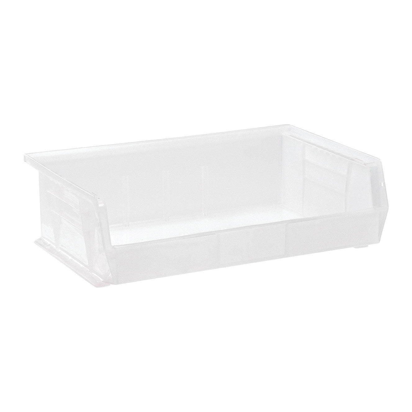 A transparent Quantum Ultra Stack and Hang Bin with a slightly sloped front, designed for versatile storage and organization.