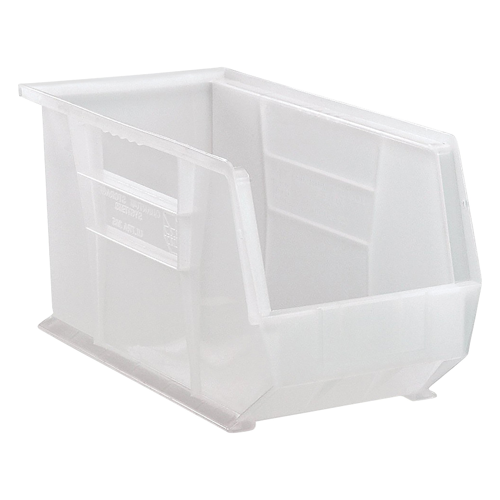 Transparent plastic Quantum Ultra Stack and Hang Bin, designed for versatile storage and organization.