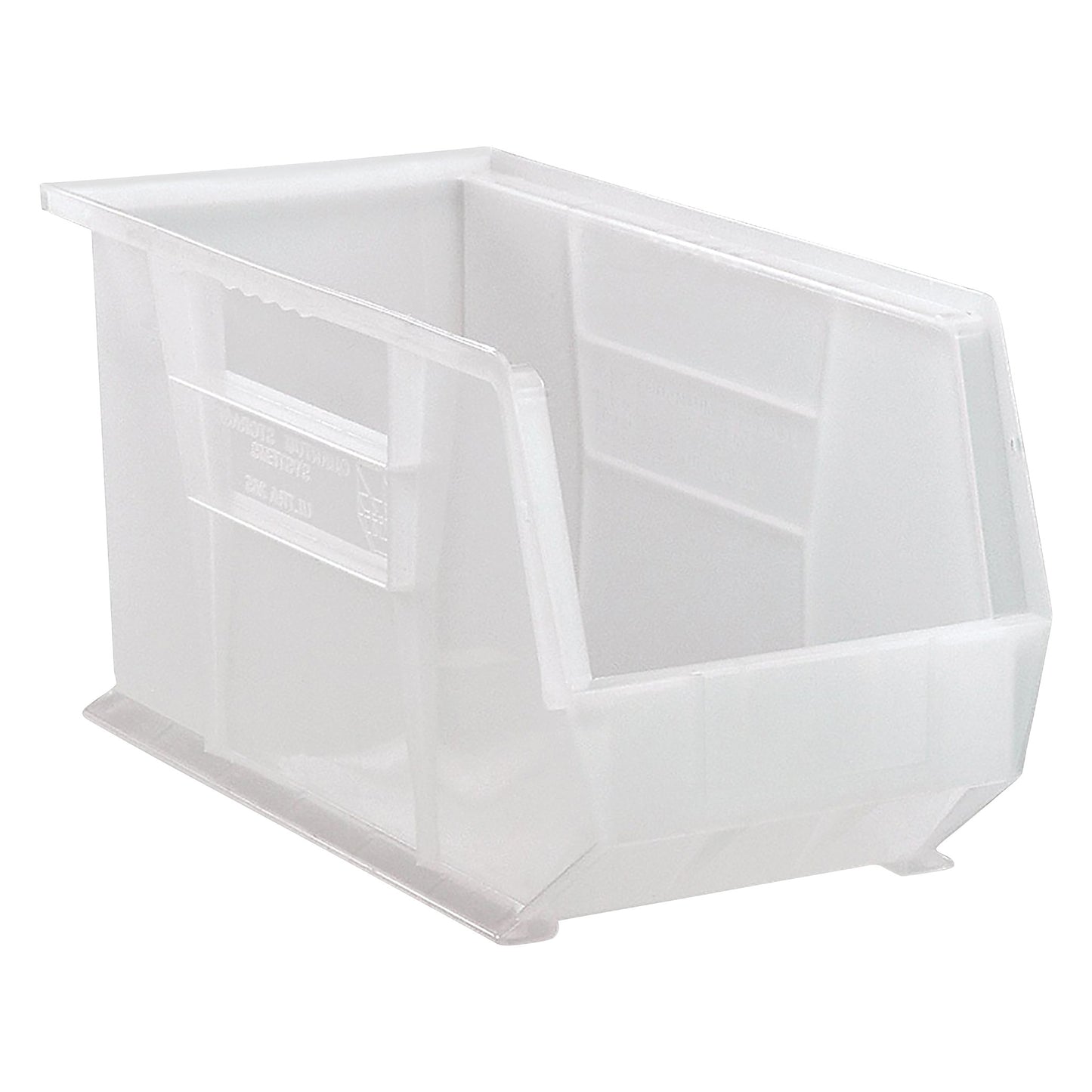 Transparent plastic Quantum Ultra Stack and Hang Bin, designed for versatile storage and organization.