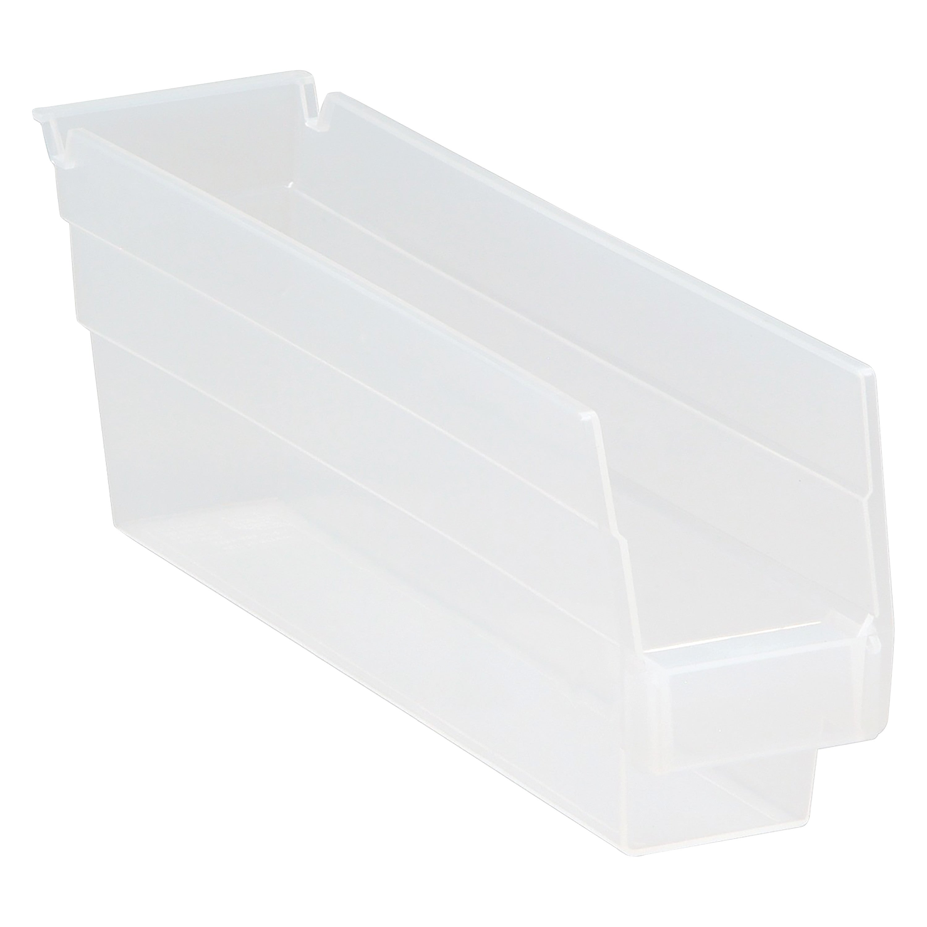 A clear Quantum Economy Shelf Bin with a rectangular shape and open front, designed for organizing and storing items.
