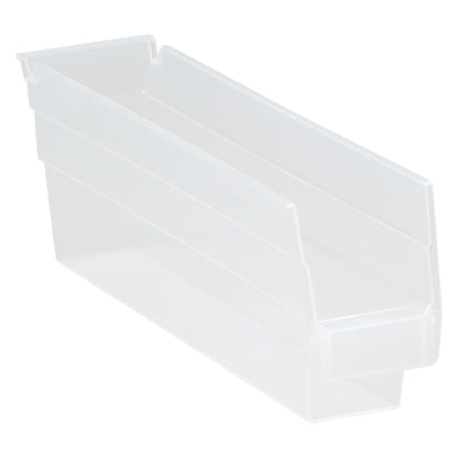 A clear Quantum Economy Shelf Bin with a rectangular shape and open front, designed for organizing and storing items.