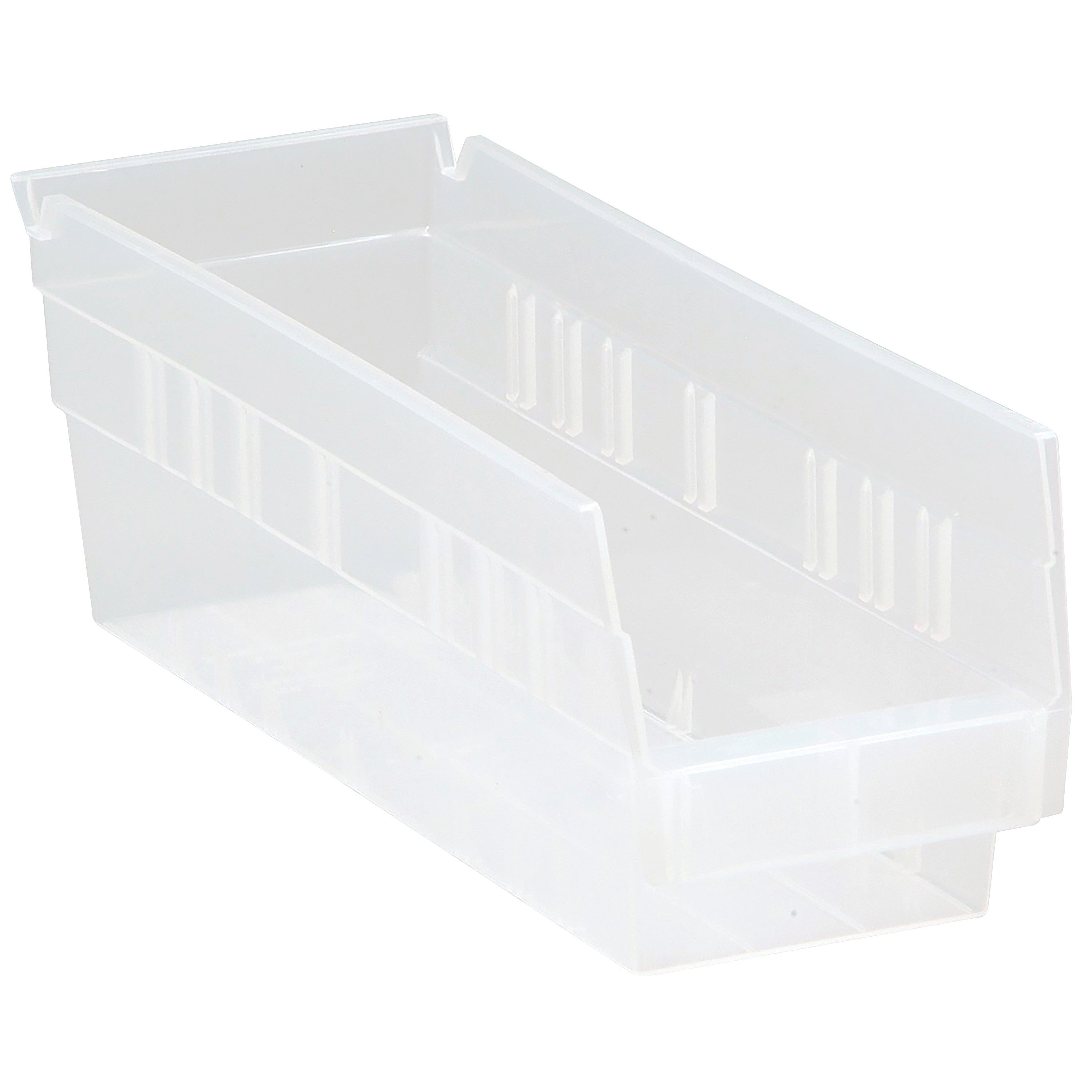 Clear Quantum Economy Shelf Bin with open top and ribbed sides for organizing small items.