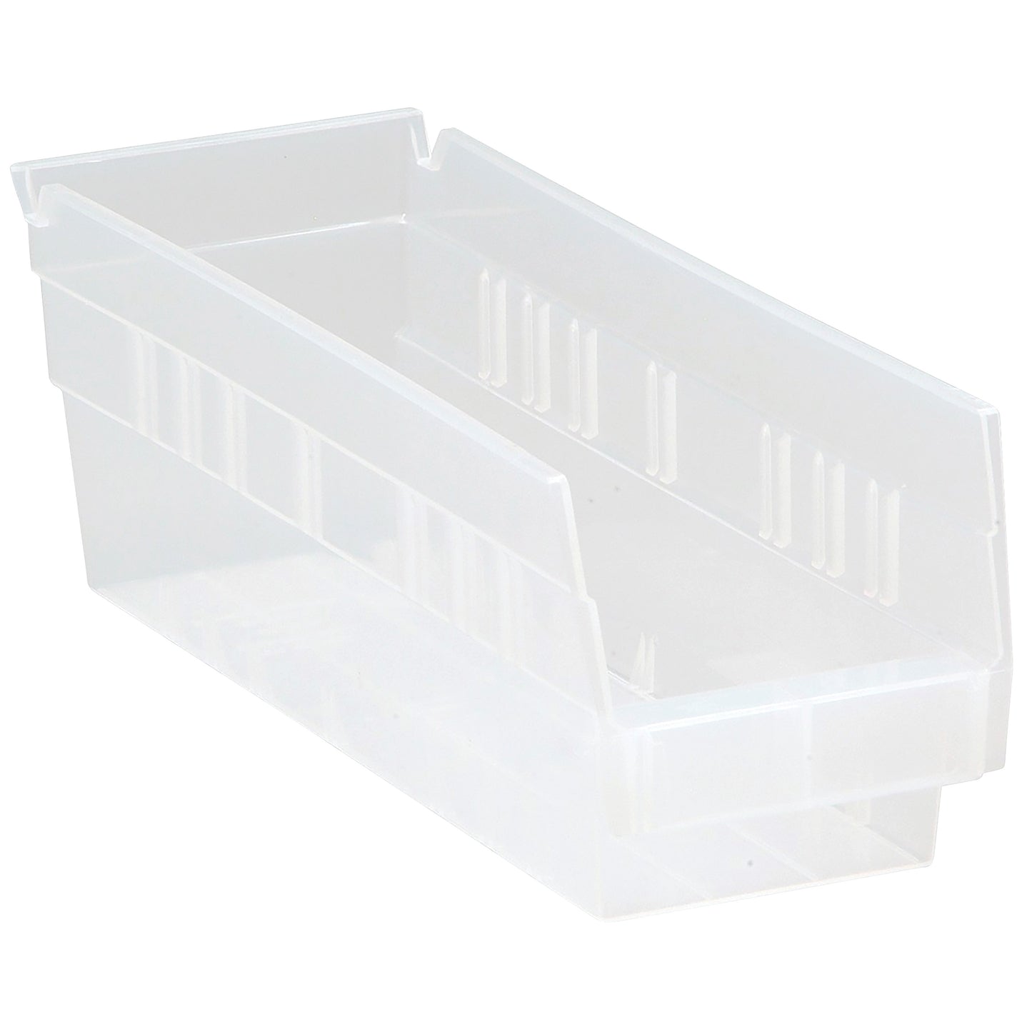 Clear Quantum Economy Shelf Bin with open top and ribbed sides for organizing small items.