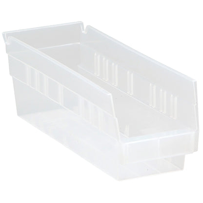 Clear Quantum Economy Shelf Bin with open top and ribbed sides for organizing small items.