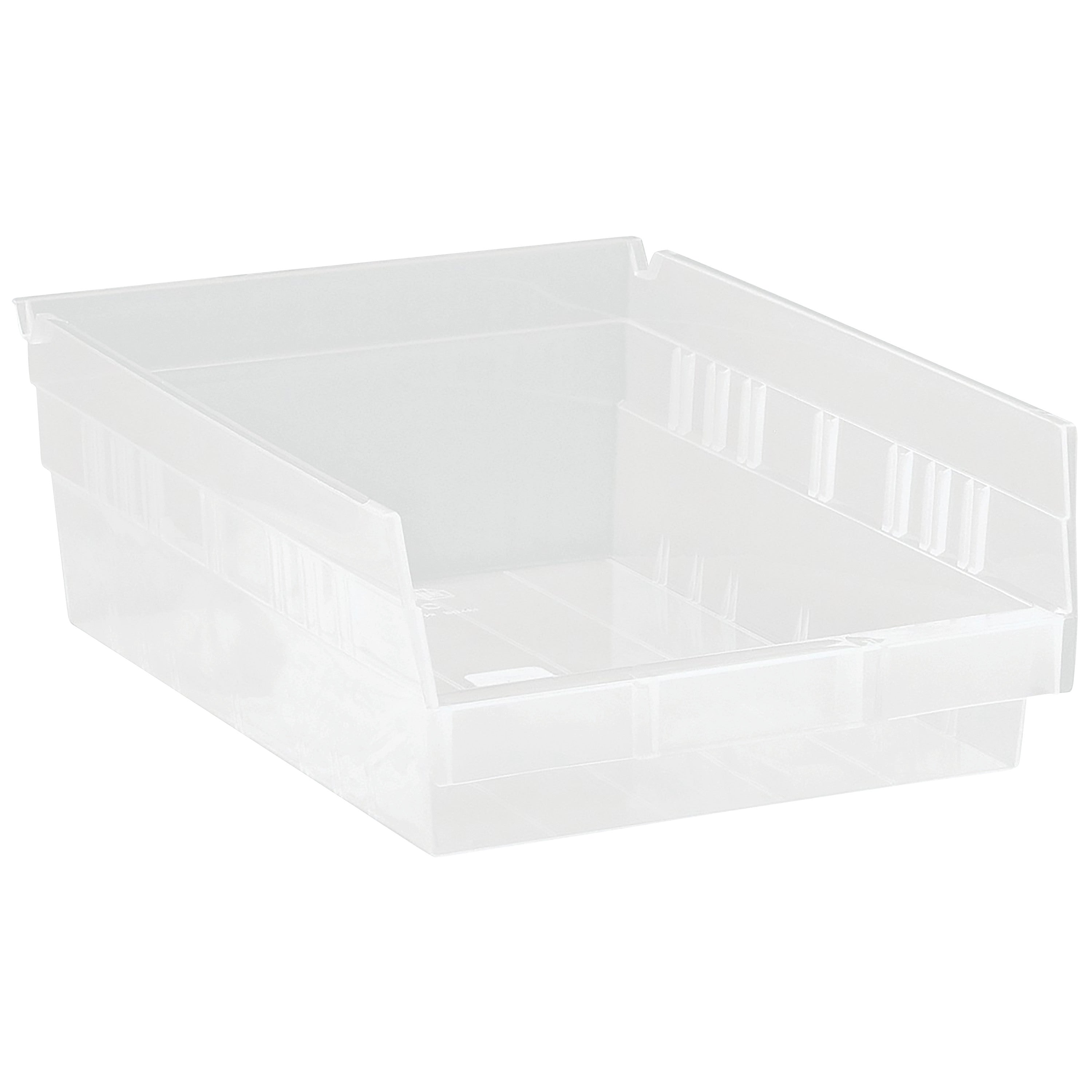 Clear plastic storage container labeled "Quantum Economy Shelf Bin" with a partially open front.