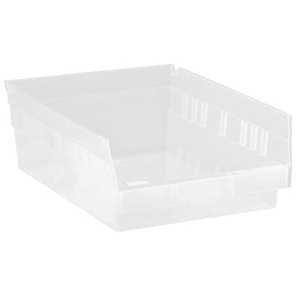 Clear plastic storage container labeled "Quantum Economy Shelf Bin" with a partially open front.