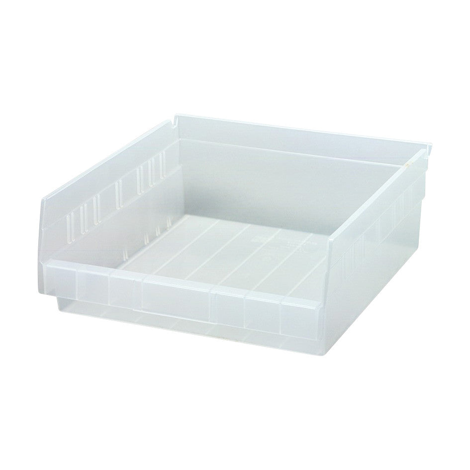 A clear, rectangular Quantum Economy Shelf Bin with a low front edge and ridged sides, designed for organizing small items.