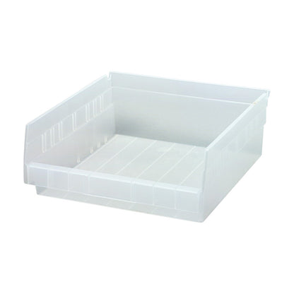 A clear, rectangular Quantum Economy Shelf Bin with a low front edge and ridged sides, designed for organizing small items.