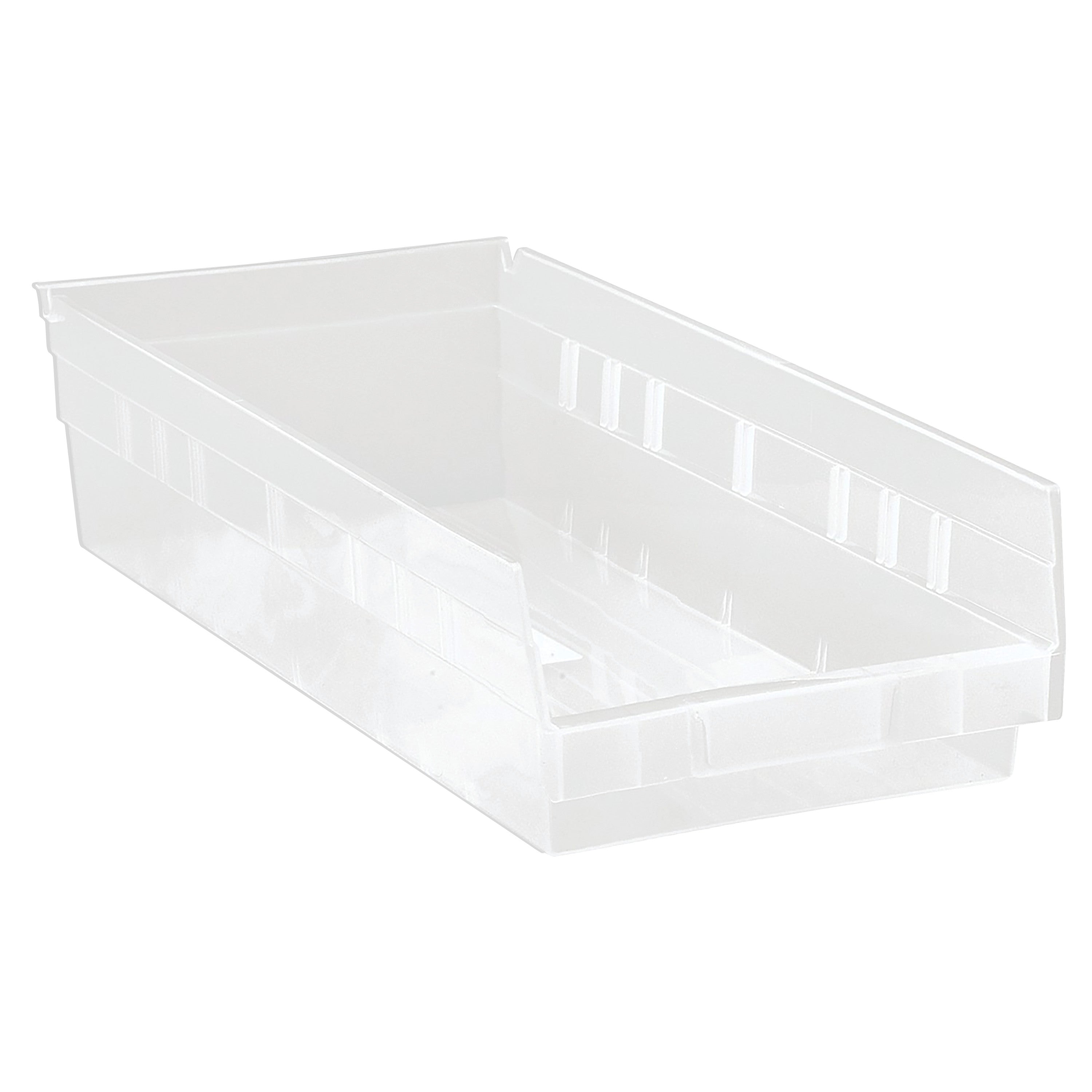 Clear, rectangular Quantum Economy Shelf Bin with open front and ribbed sides for storage and organization.