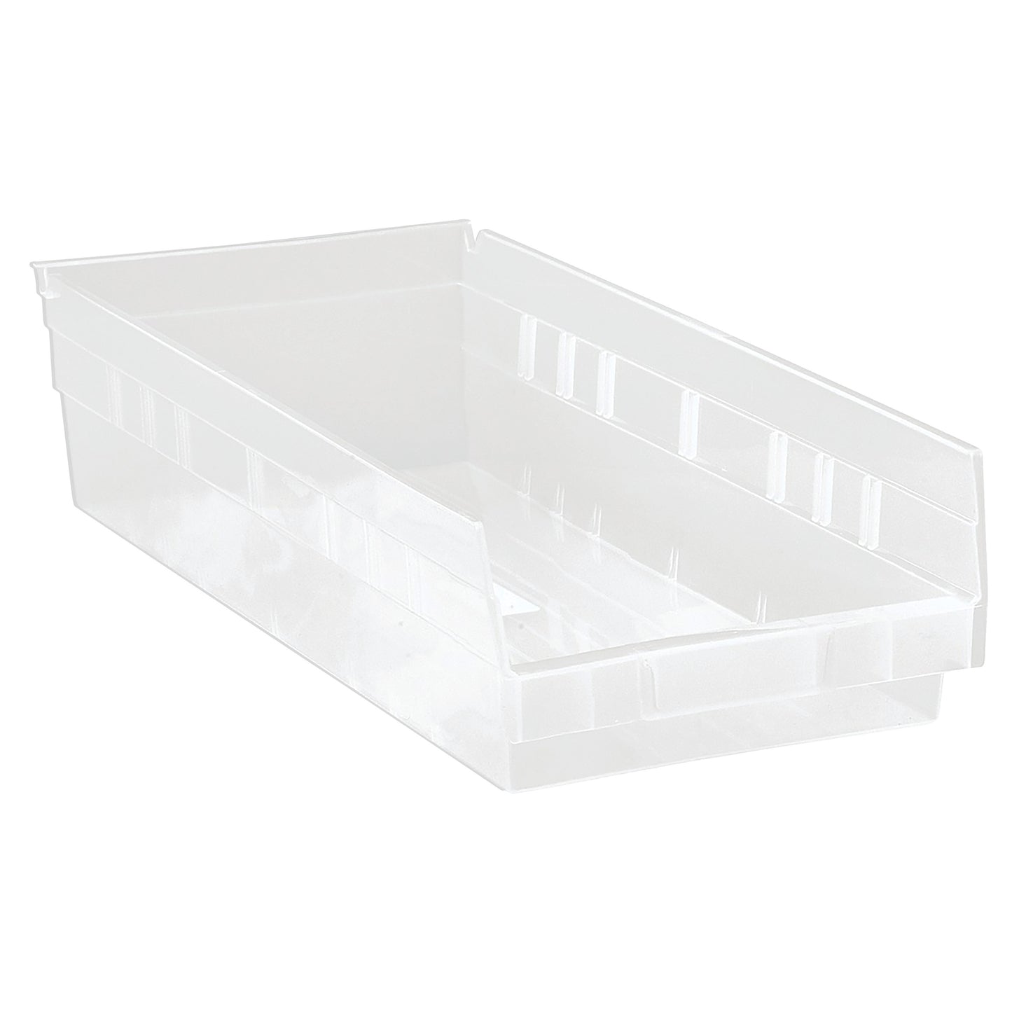 Clear, rectangular Quantum Economy Shelf Bin with open front and ribbed sides for storage and organization.